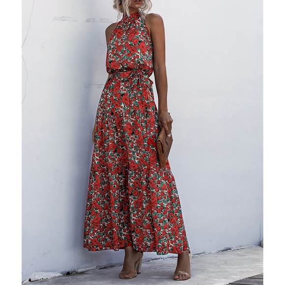 Red Green Floral Ruffle Hem Belted Halter Maxi Dress - Picture 5 of 8